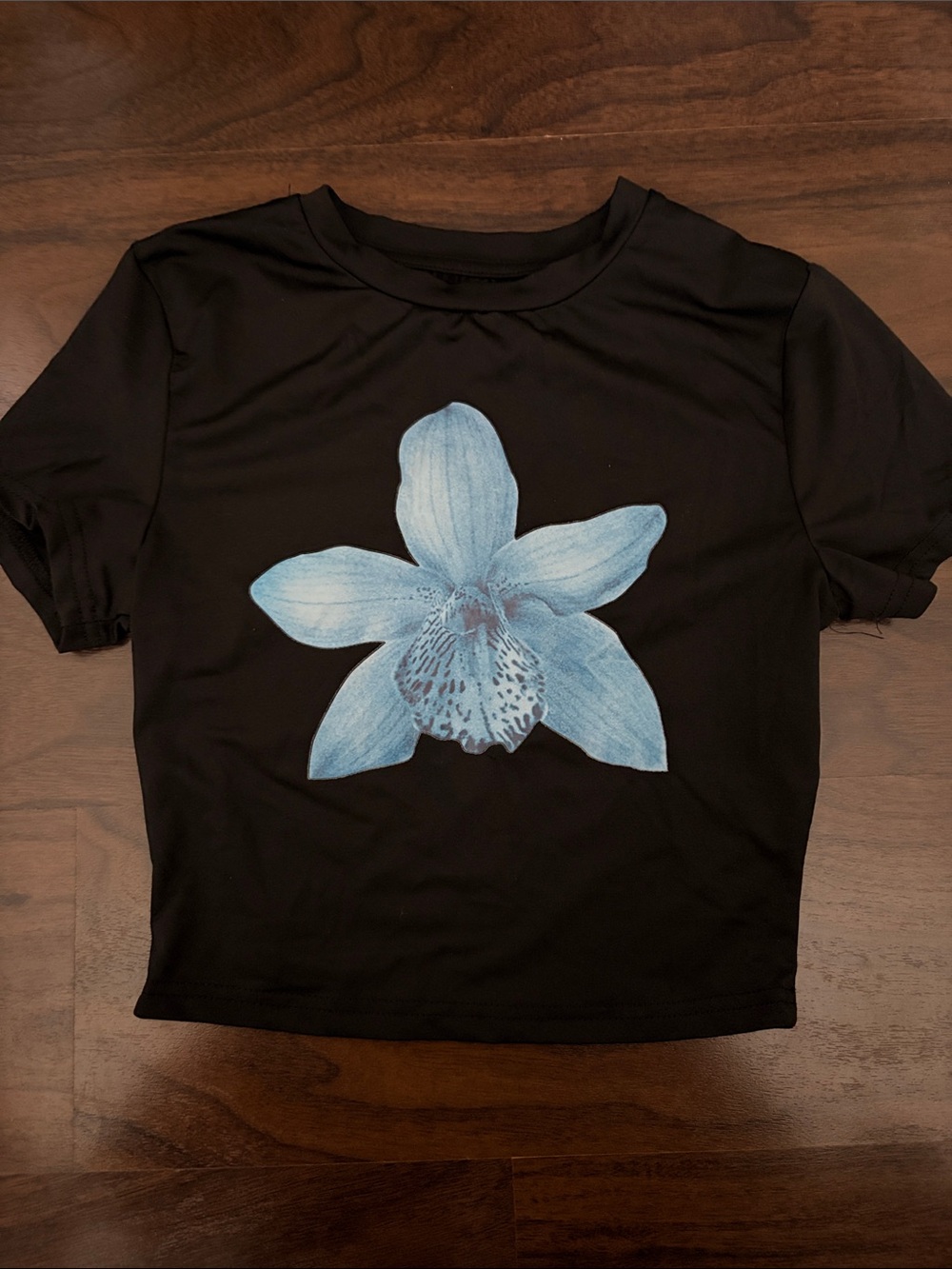 Black Crop Tee with Blue Floral Graphic